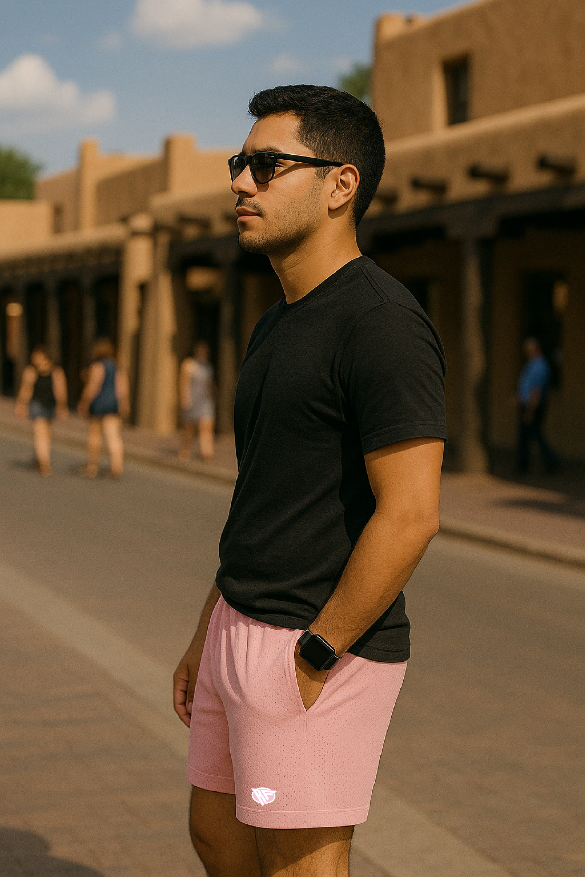 RF Wear Men's Mesh Solid Color Shorts - Pink - Model Side View