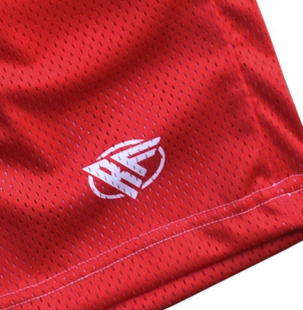 Close up of RF-Wear Men's Mesh Solid Color Shorts in Red with RF logo