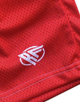 Close up of RF-Wear Men's Mesh Solid Color Shorts in Red with RF logo
