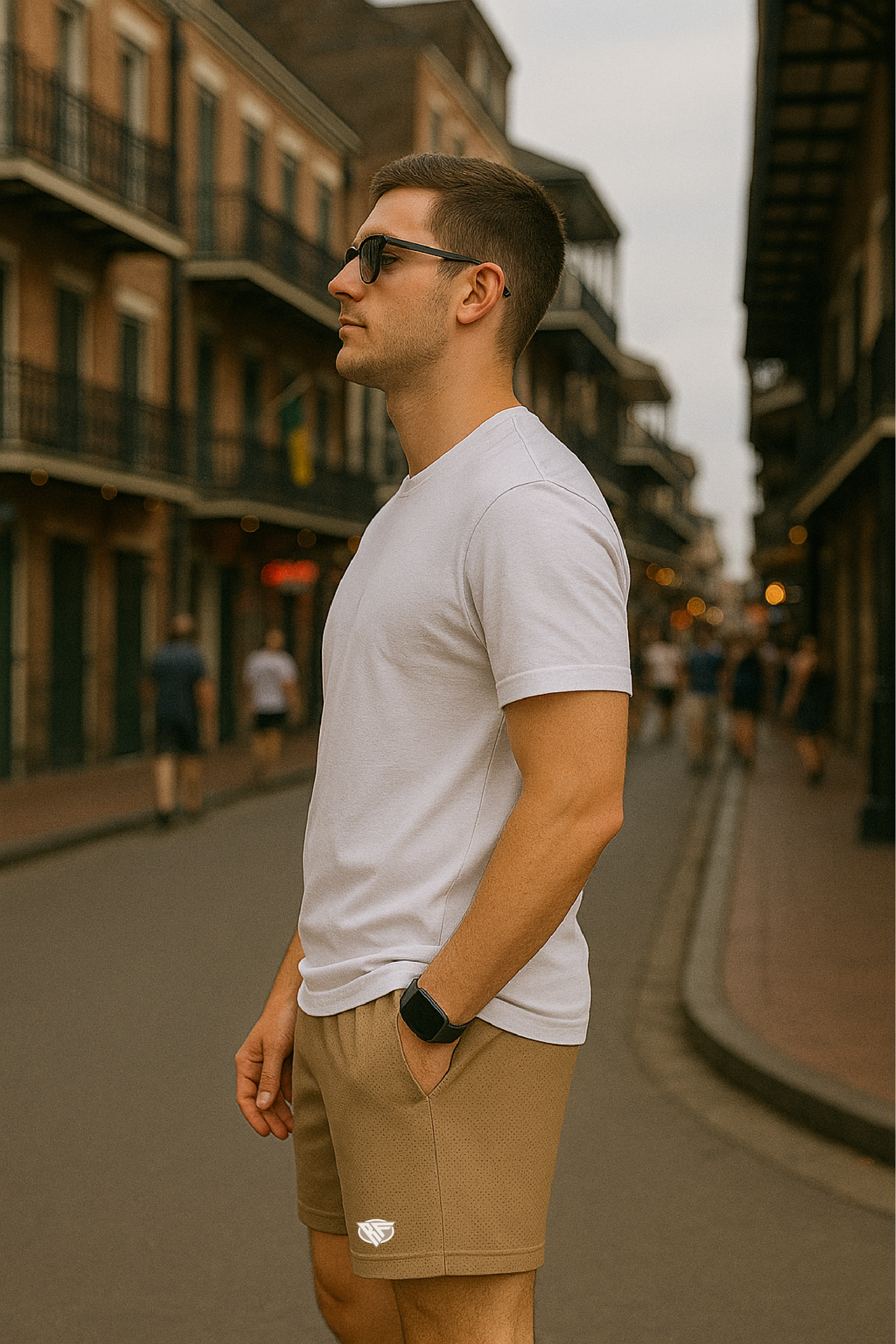RF Wear Men&#39;s Mesh Solid Color Shorts - Tan - Model Side View