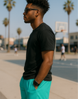 RF Wear Men's Mesh Solid Color Shorts - Teal - Model Side View