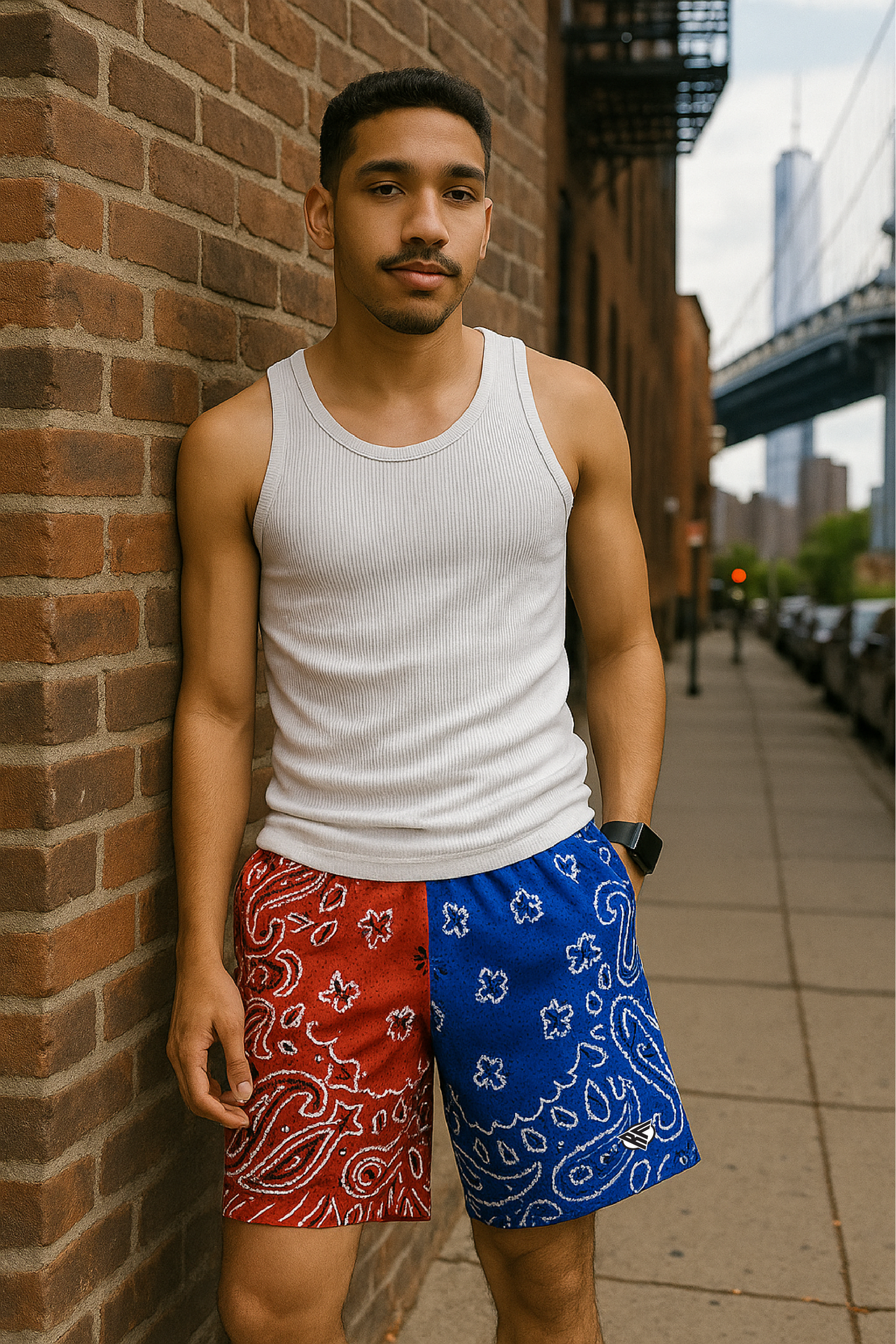 Man leaning against street wall wearing RF-Wear Men's Mesh Split Bandana Shorts - Red/Blue. 
