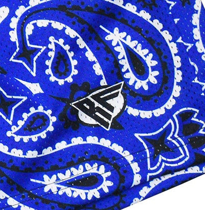 Close-up of Men's RF-Wear Mesh Split Bandana Shorts Red/Blue with RF logo