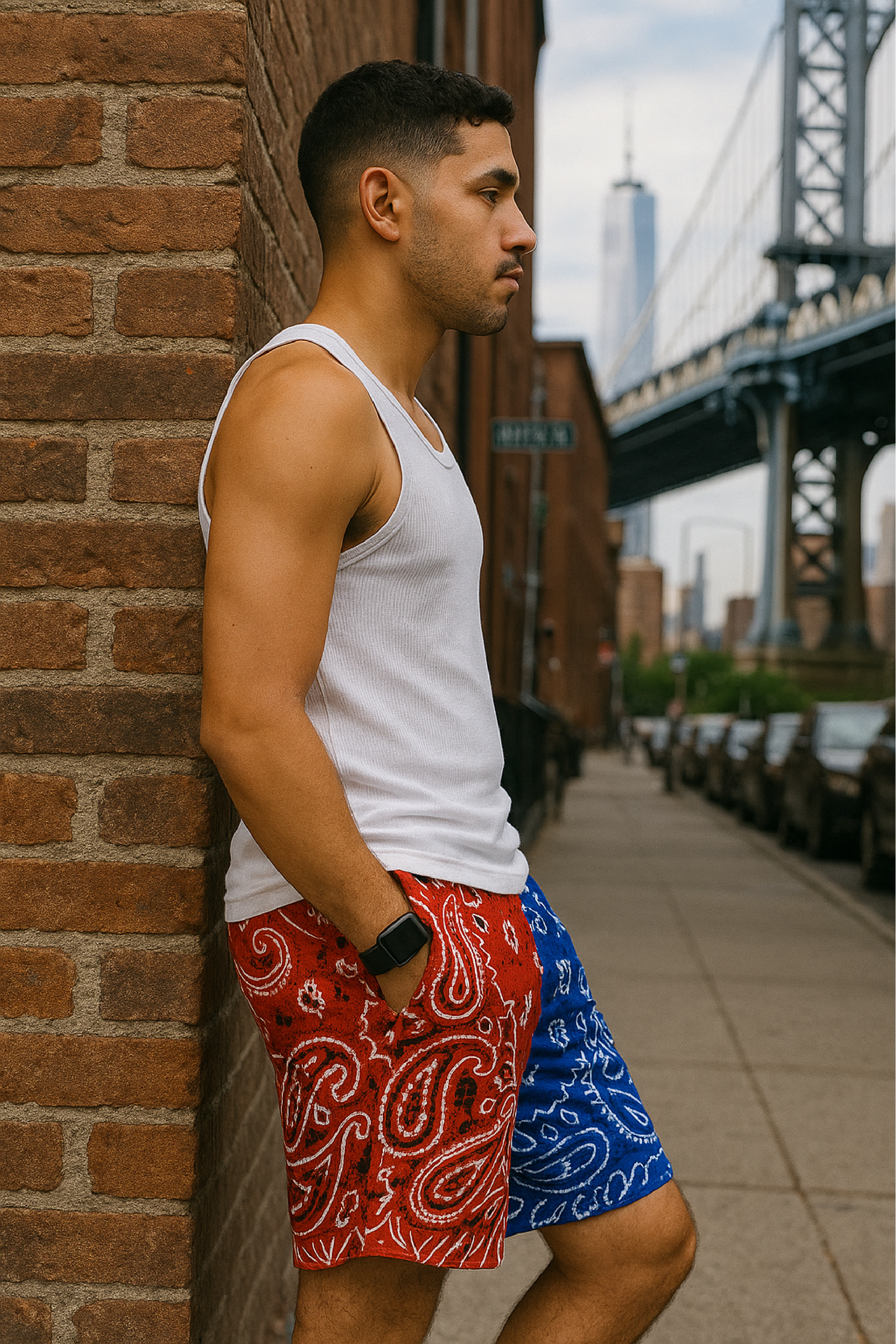 RF Wear Men's Mesh Split Bandana Shorts - Red/Blue - Model Side View