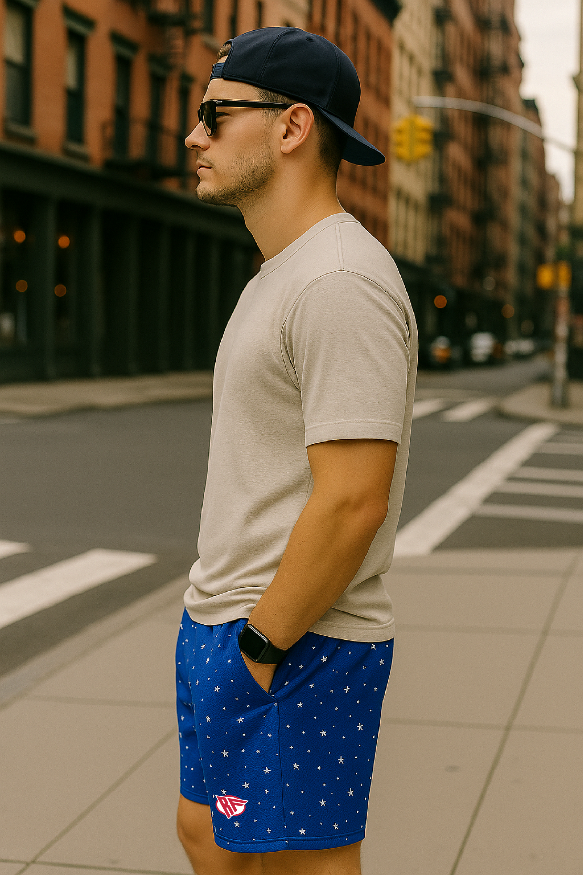 RF Wear Men's Mesh Star Shorts - Blue with White Stars - Model Side View