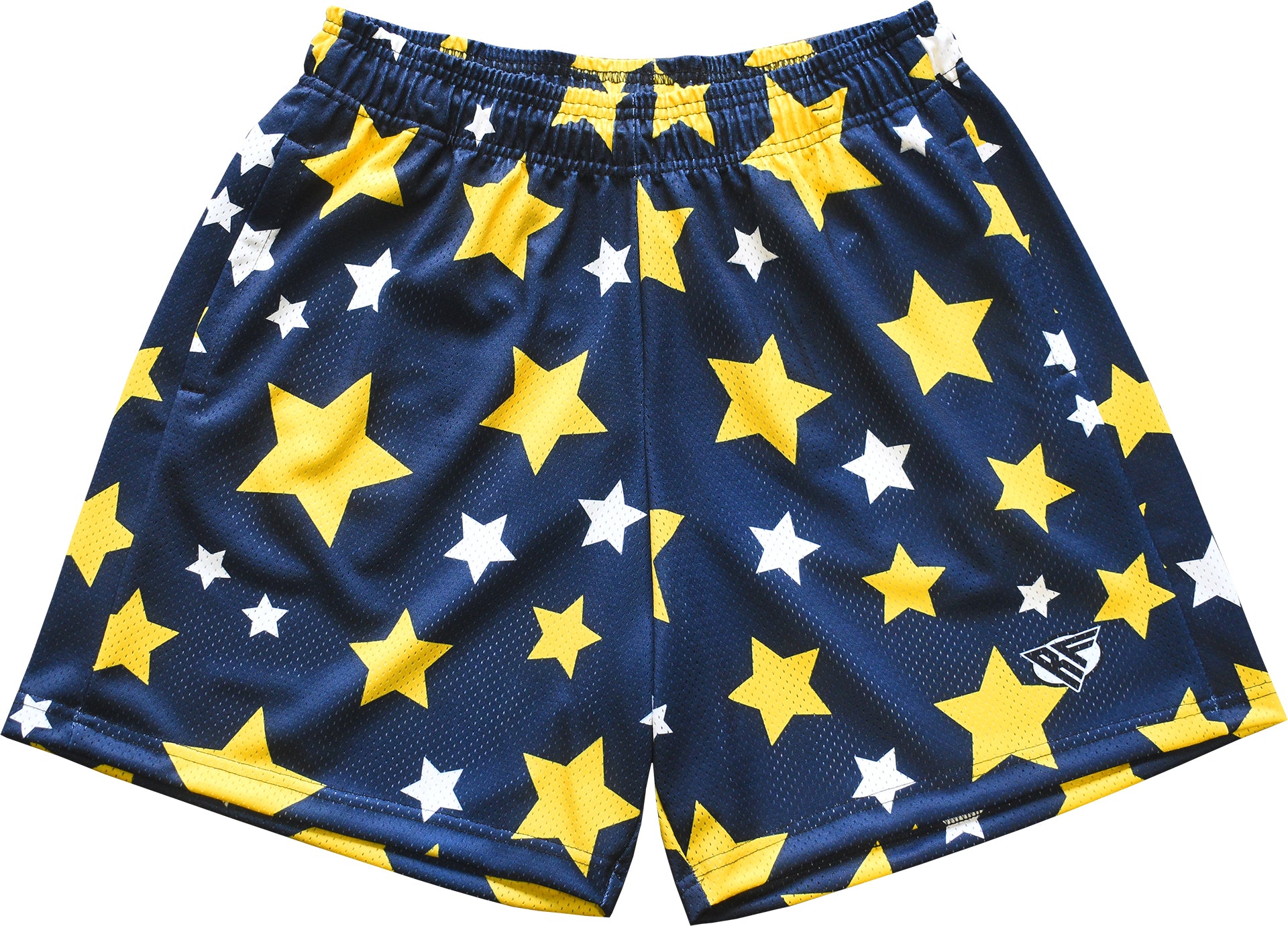 Men's mesh shorts in navy color with a pattern of yellow and white stars