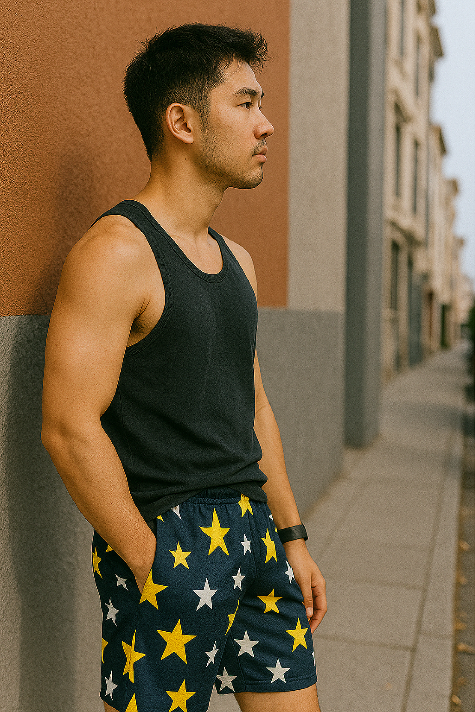 Man wearing a black tank top and star-patterned shorts standing against a wall.