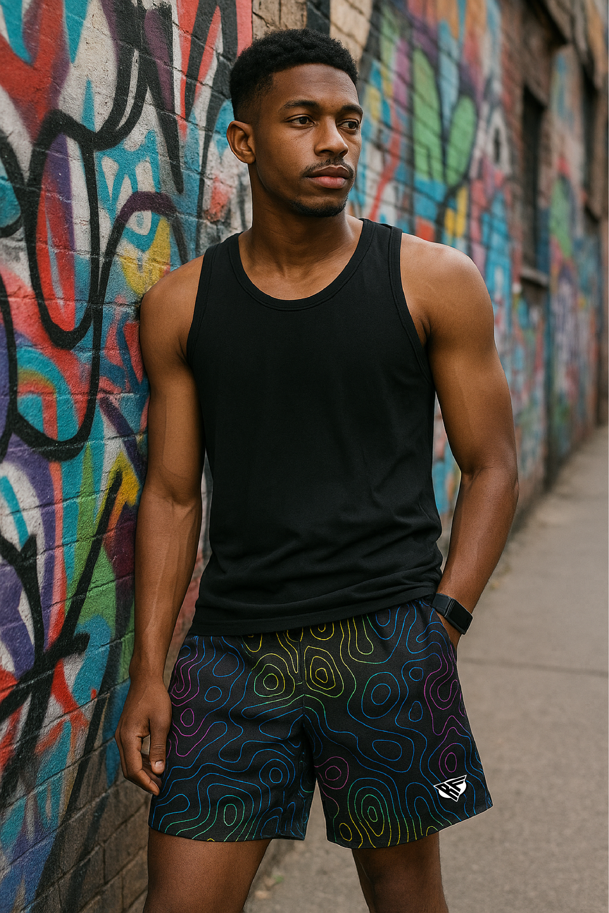 RF Wear Men's Mesh Topography Shorts - Black/Multicolor - Model Front View