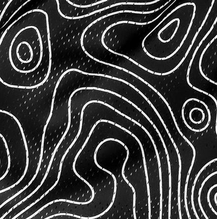 Close-up of RF-Wear mesh topography shorts in Black/white. 