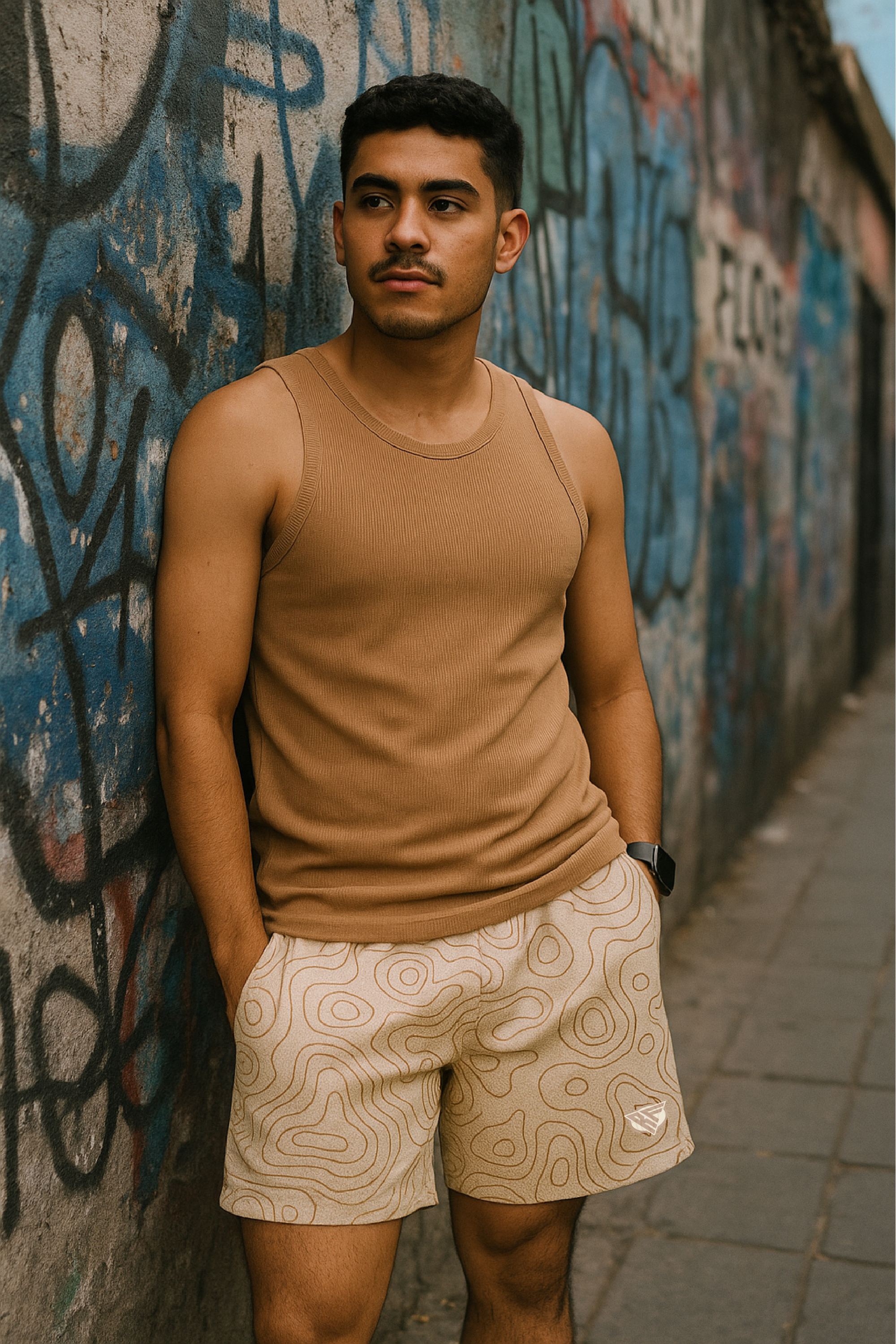 RF Wear Men's Mesh Topography Shorts - Cream/Tan - Model Front View