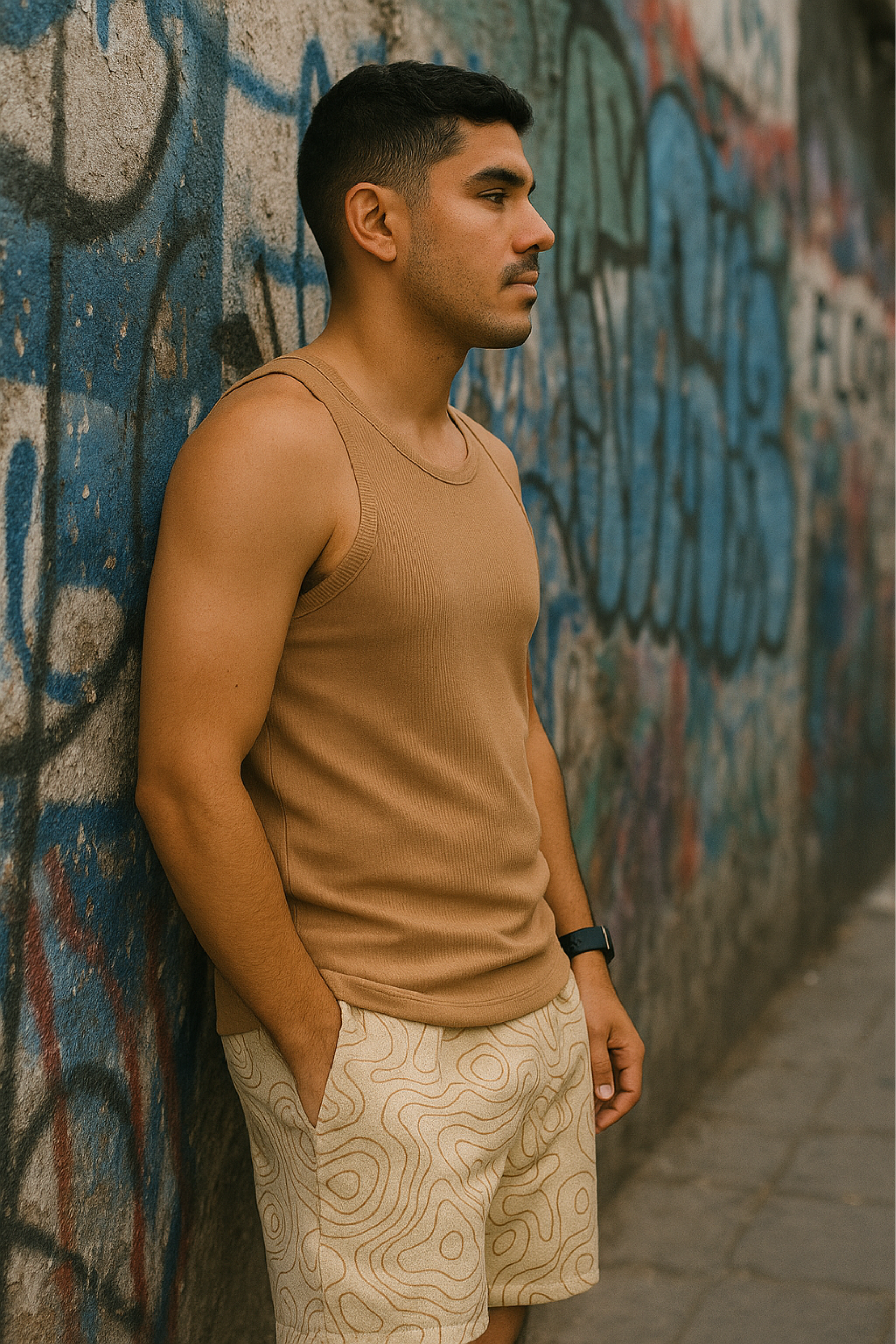 RF Wear Men's Mesh Topography Shorts - Cream/Tan - Model Side View