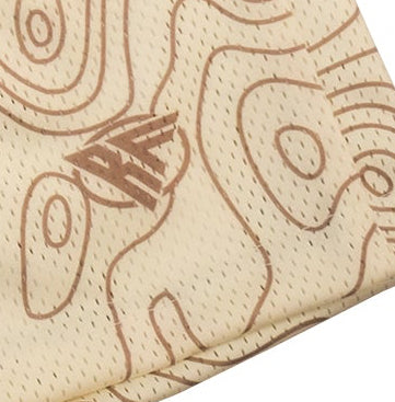 Close-up RF Wear mesh topography shorts in cream/tan with RF logo. 