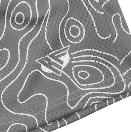 Close-up of RF-Wear mesh topography shorts in grey/white with RF logo