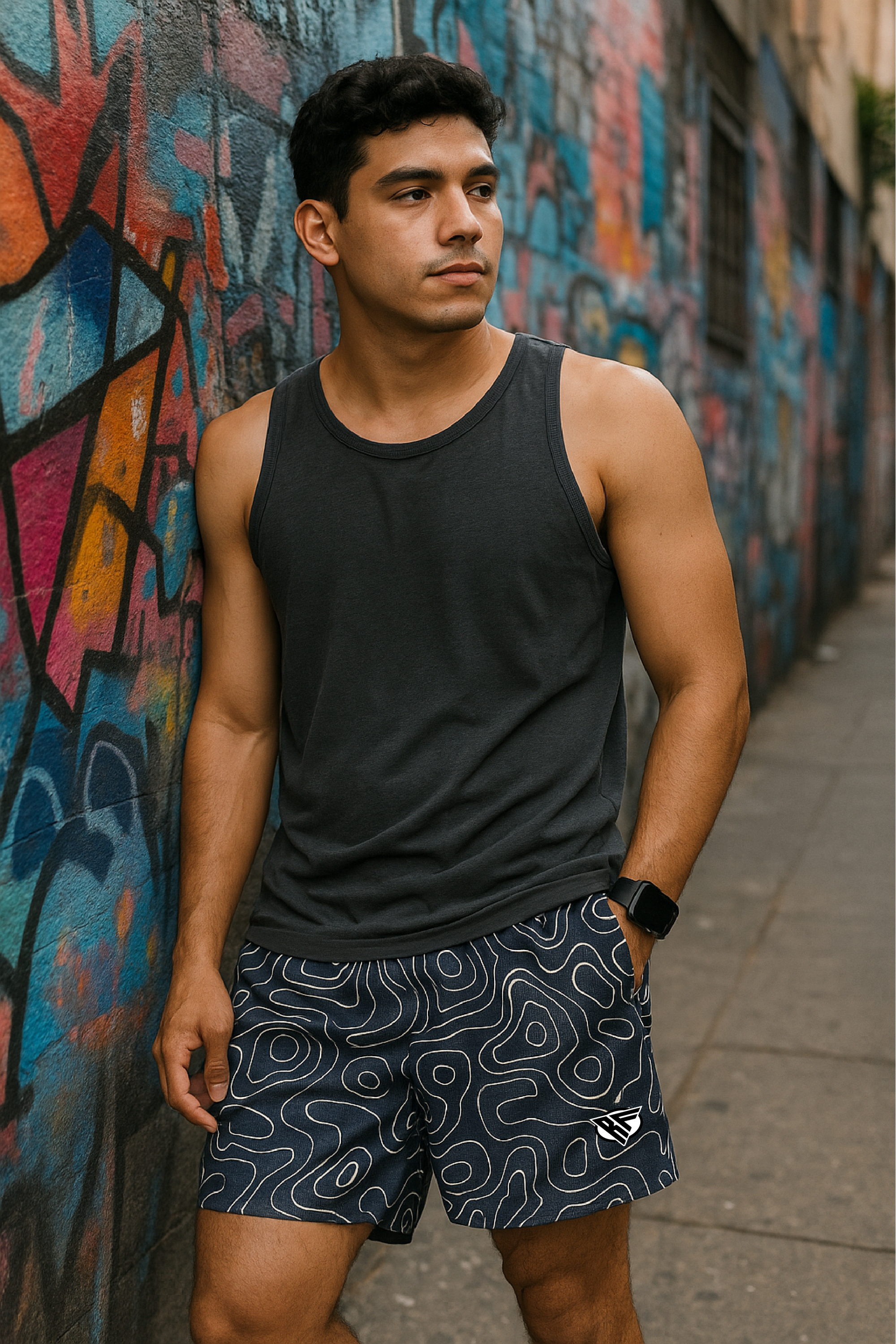 RF Wear Men&#39;s Mesh Topography Shorts - Navy - Model Front View