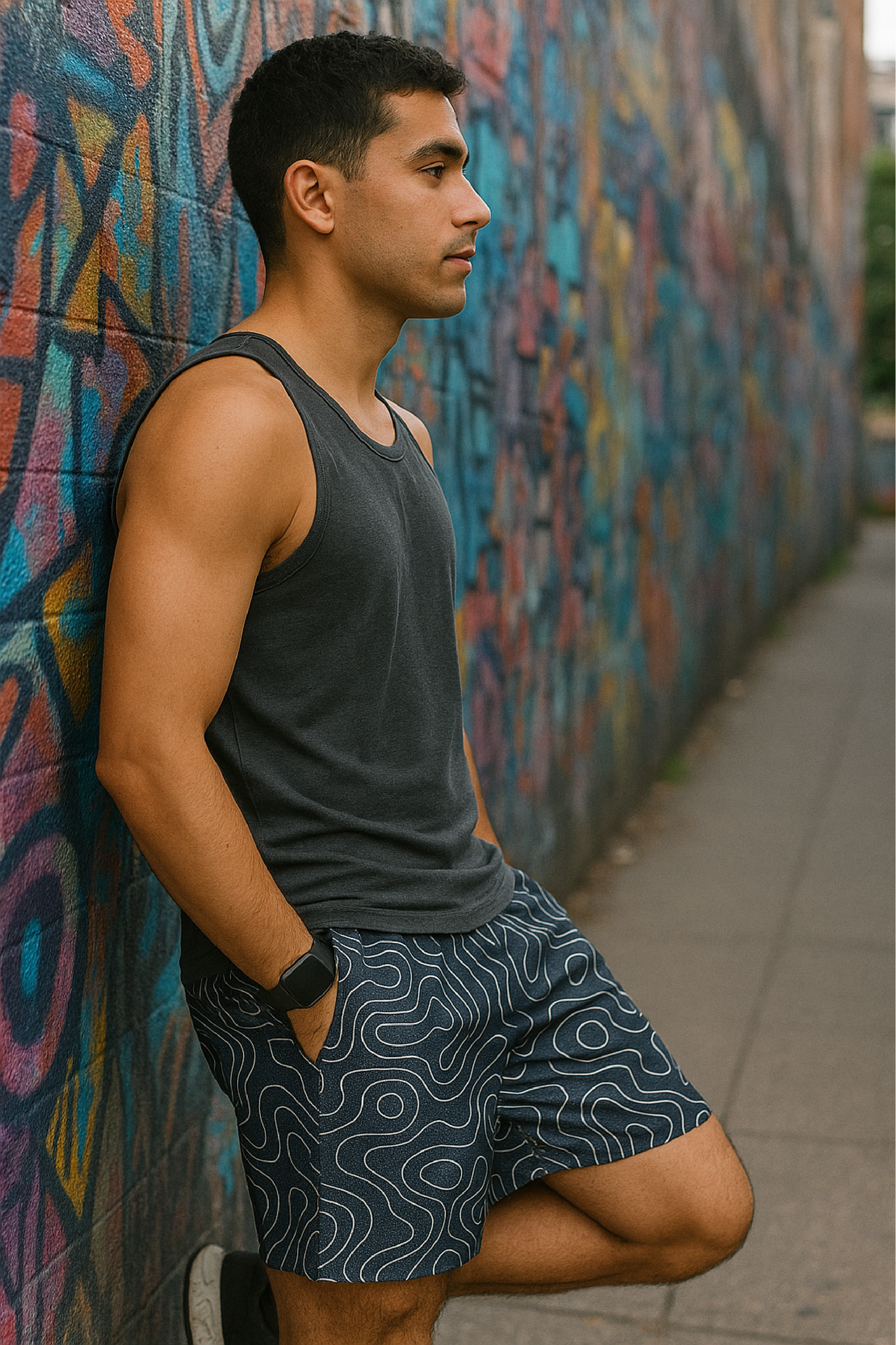 RF Wear Men&#39;s Mesh Topography Shorts - Navy - Model Side View
