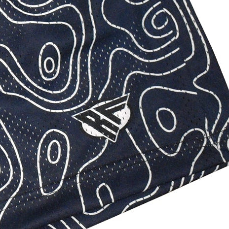 Close-up of RF-Wear mesh topography shorts in Navy/Cream with RF logo. 