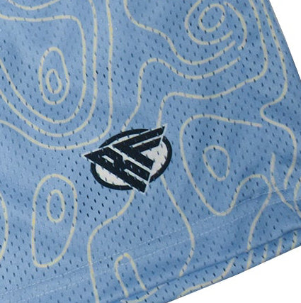 Close-up of RF-Wear mesh topography shorts in sky blue with RF logo