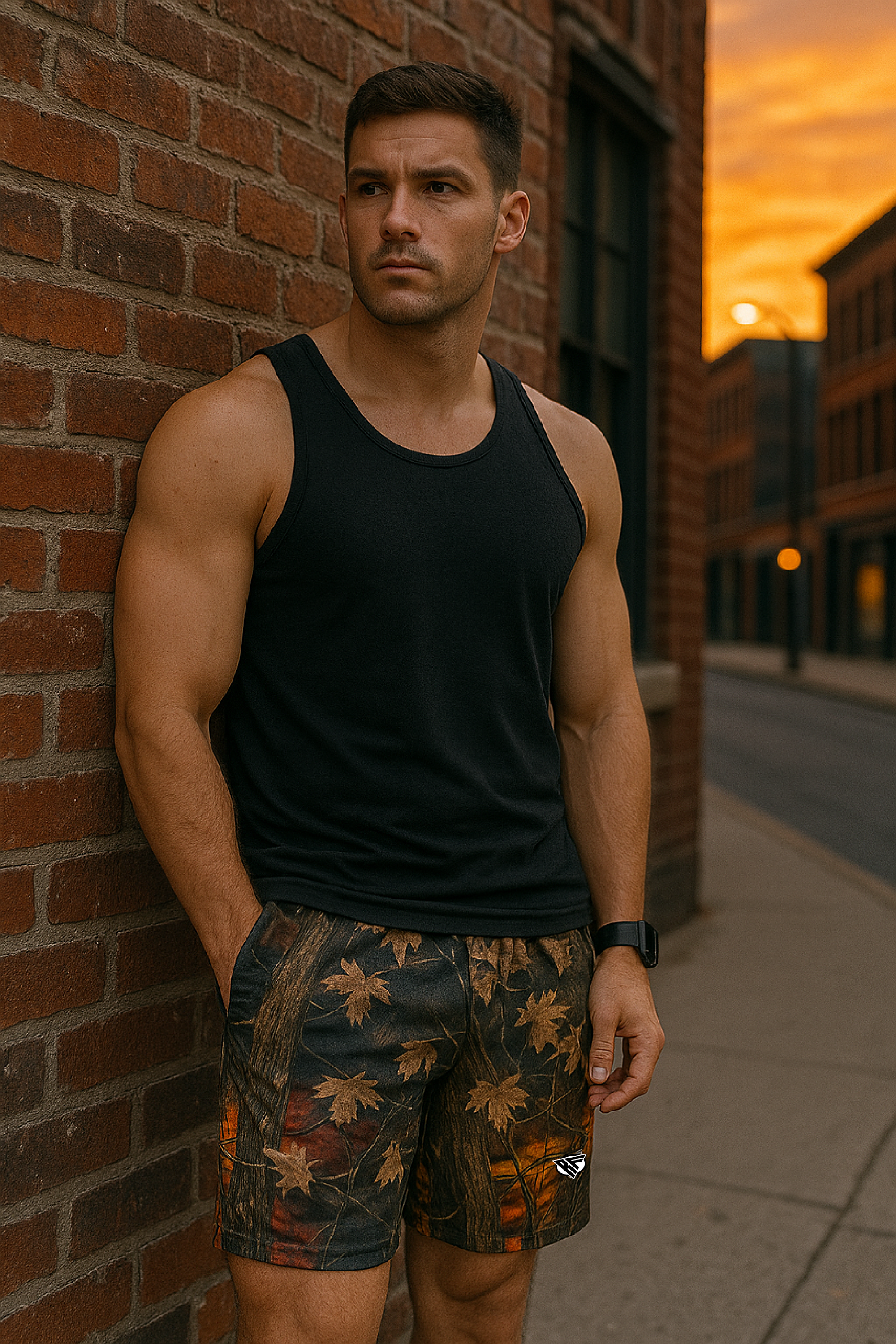 RF Wear Men's Mesh Tree Camo Shorts - Sunset - Model Front View