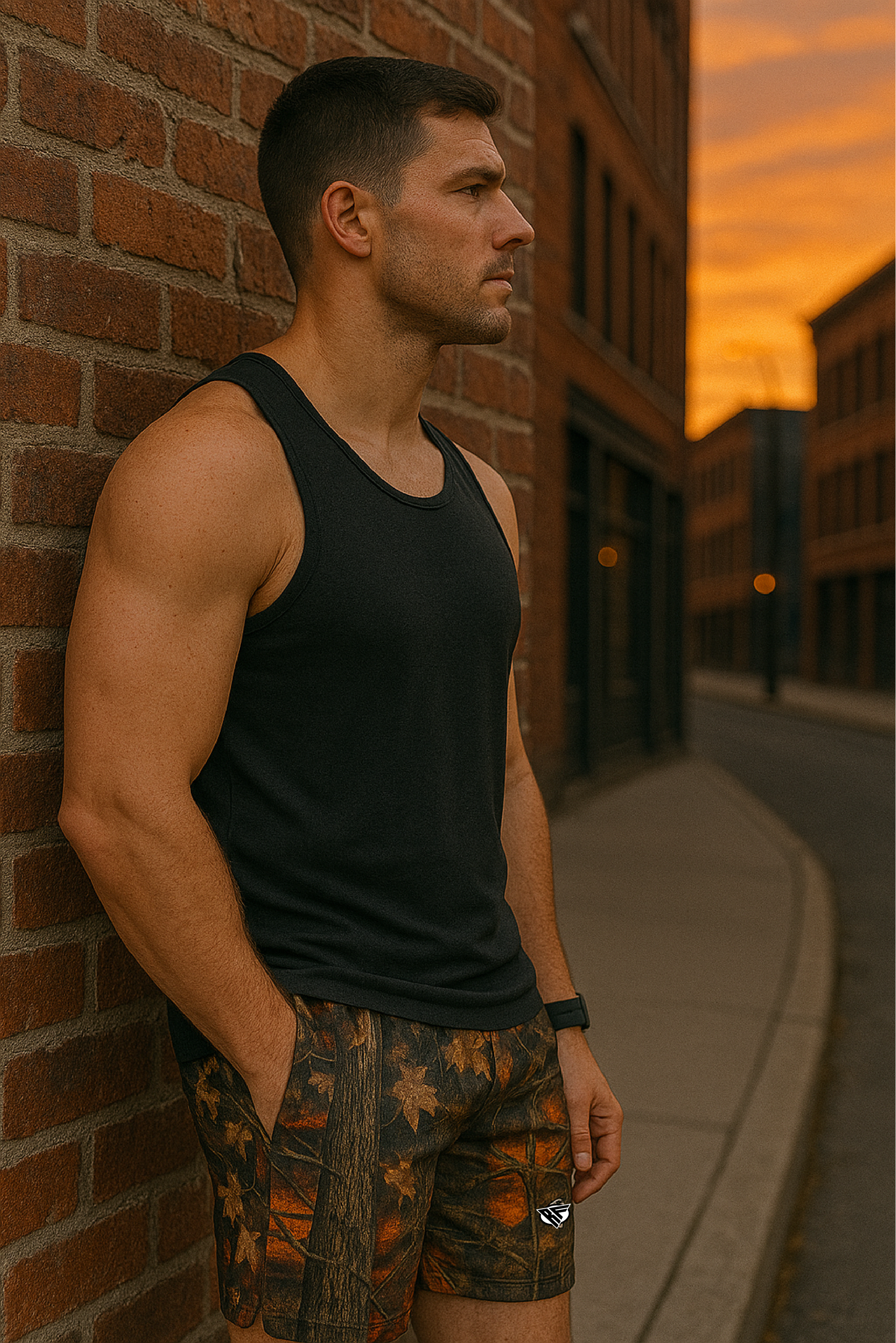 RF Wear Men's Mesh Tree Camo Shorts - Sunset - Model Side View