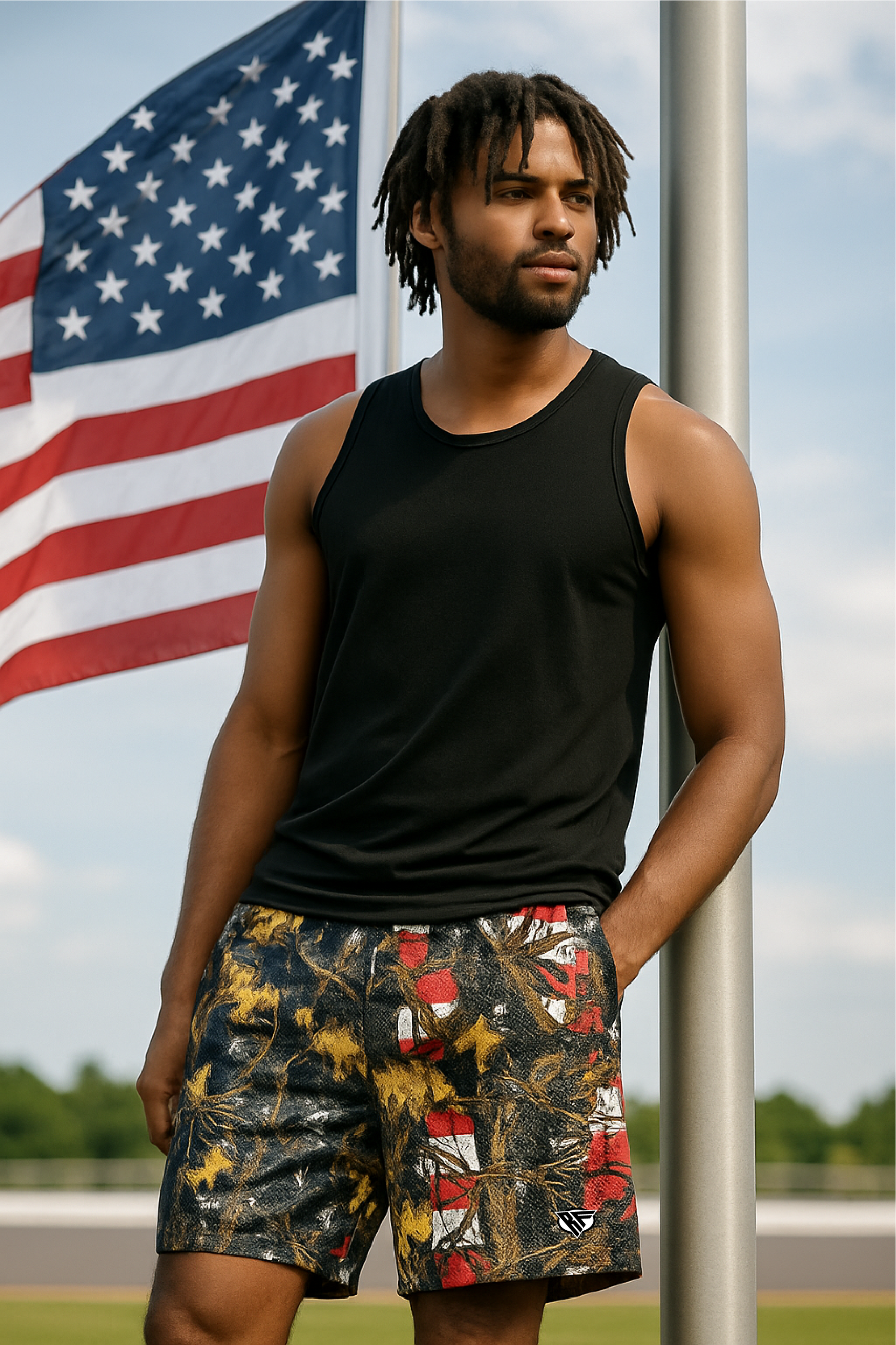 RF Wear Men's Mesh Tree Camo Shorts - USA Flag - Model Front View