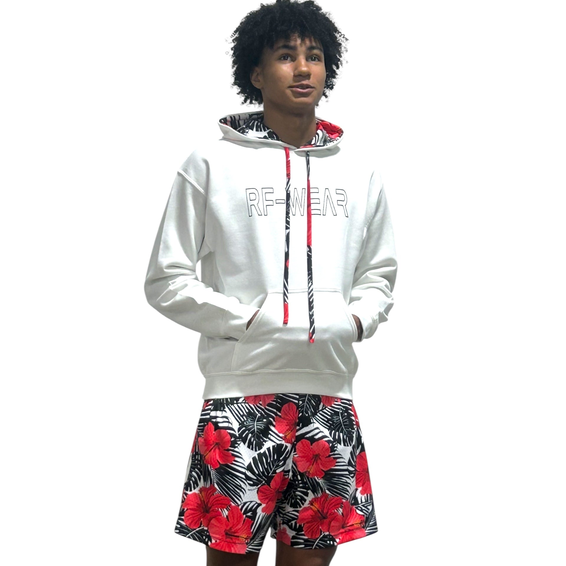 Man wearing RF-Wear Tropical Flower Hoodie and shorts.