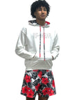 Man wearing RF-Wear Tropical Flower Hoodie and shorts.