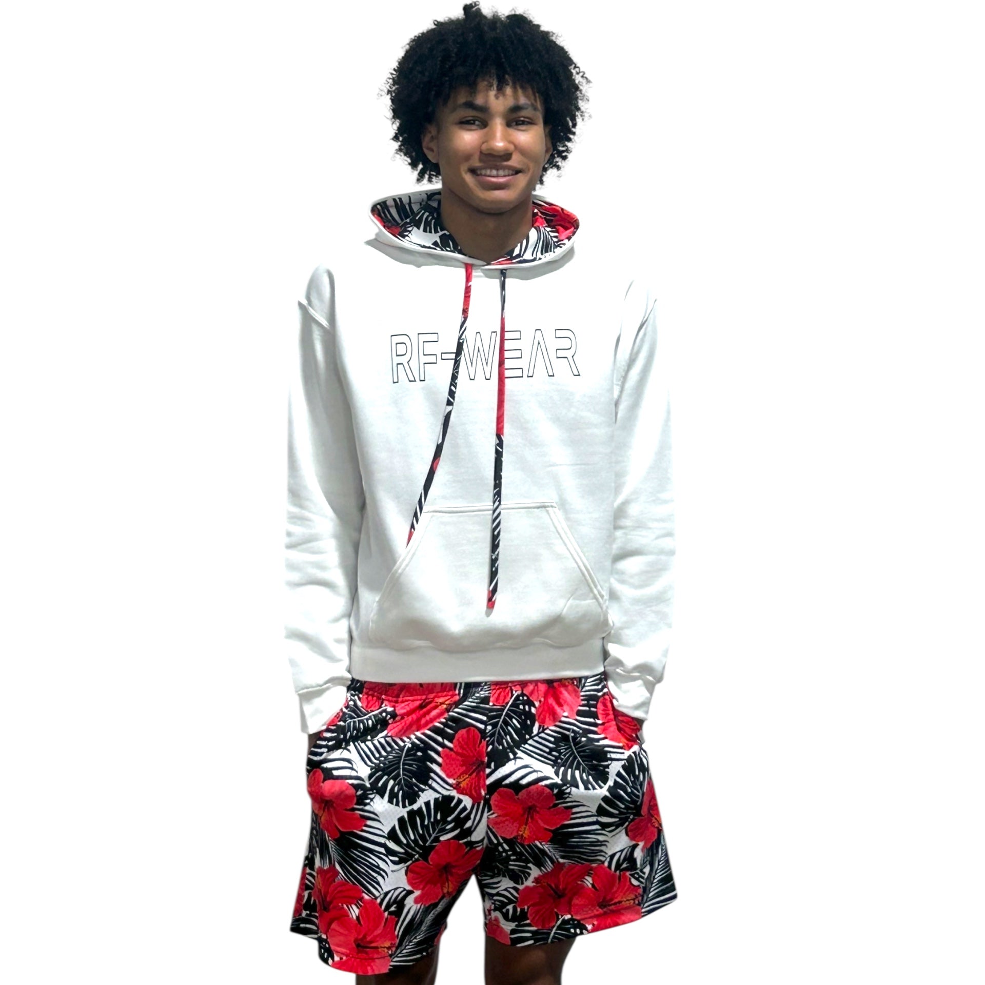 Man wearing RF-Wear Tropical Flower Hoodie and shorts.