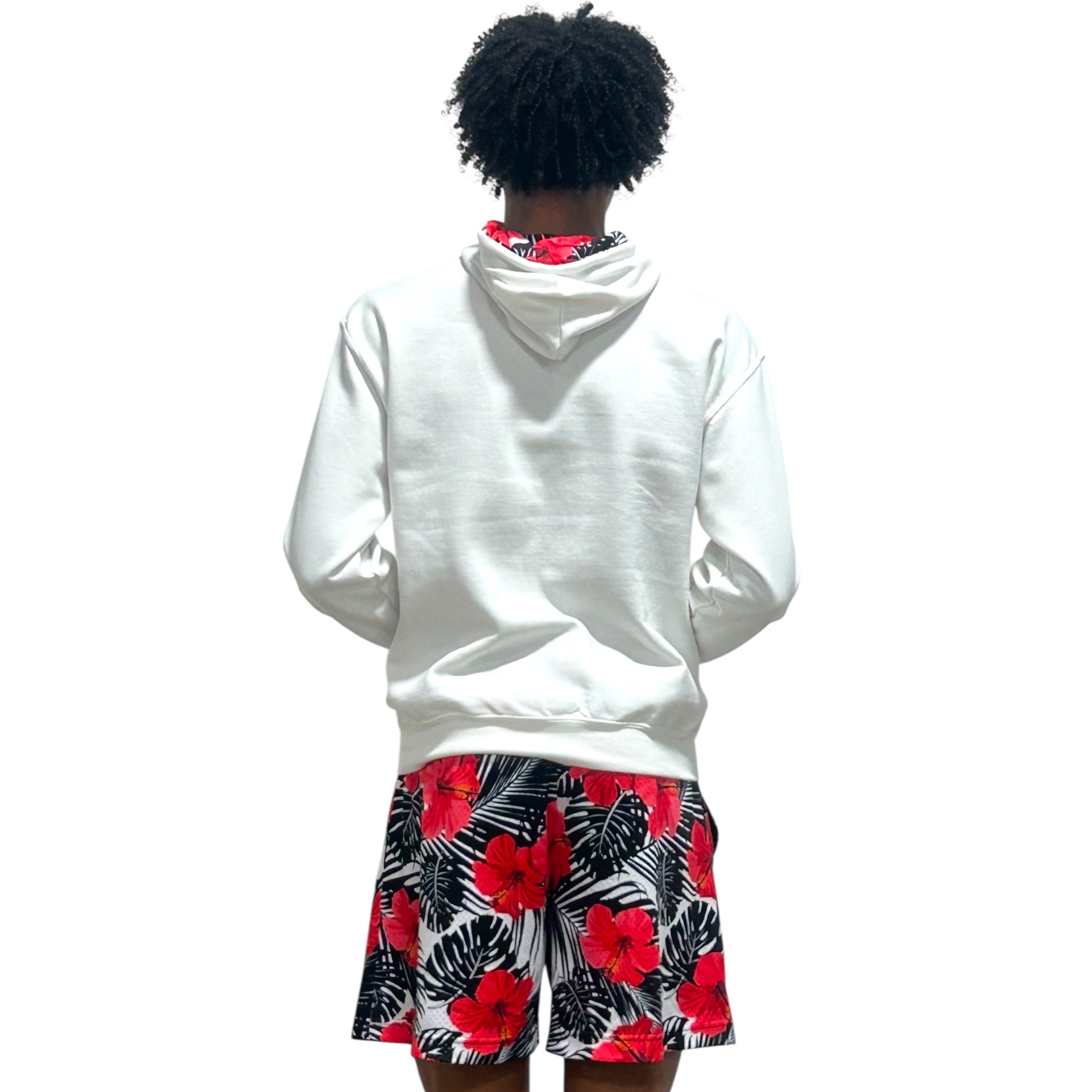 Man wearing RF-Wear Tropical Flower Hoodie and shorts.