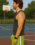 RF Wear Men's Mesh White Stripe V-Cut Shorts - Lime Green  - Model Side  View