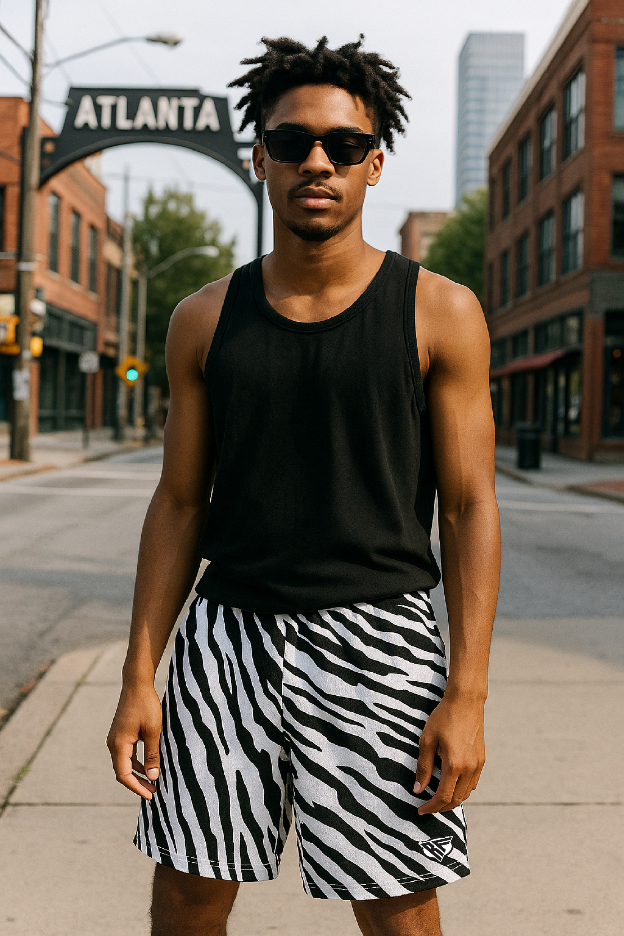 RF Wear Men's Mesh Animal Print Shorts - Zebra - Black/White - Model Front View