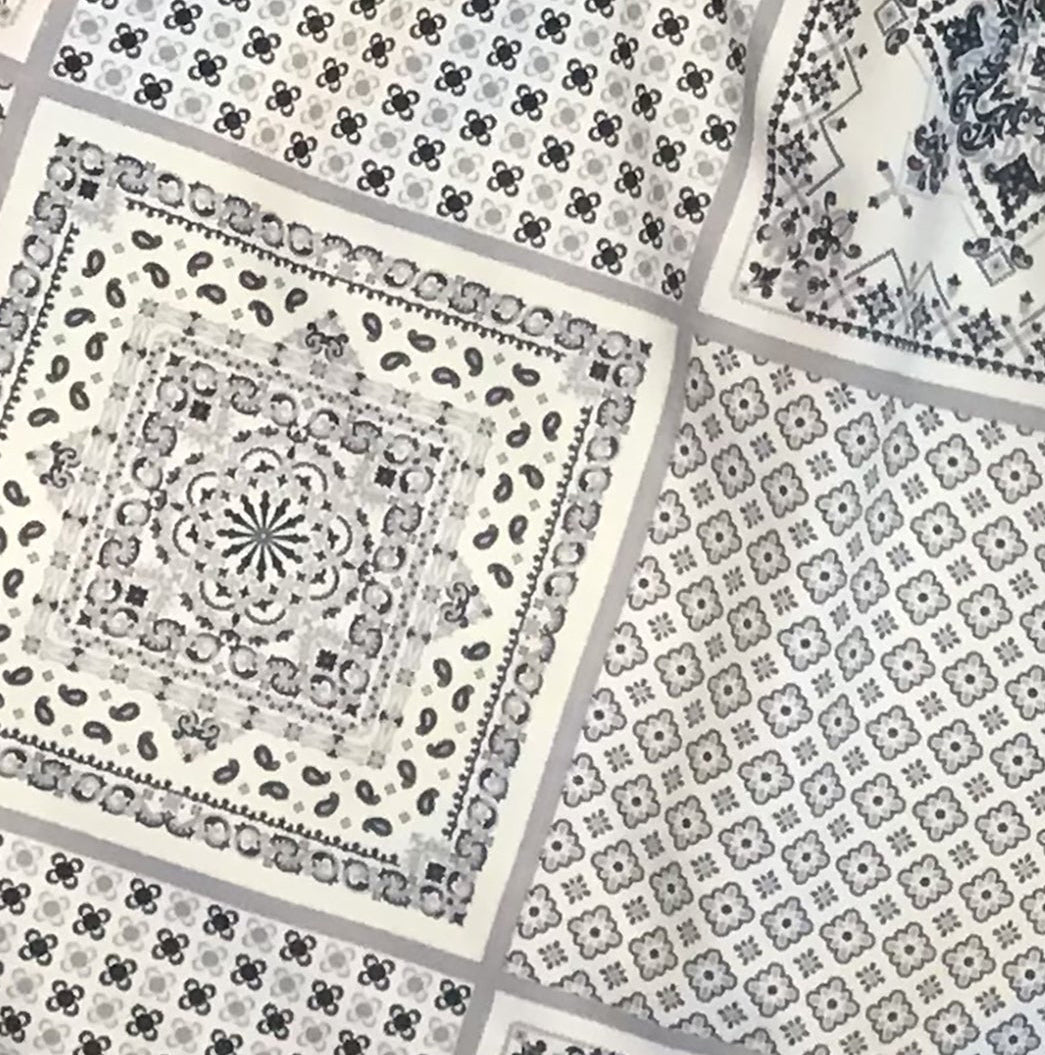 Close-up of RF-Wear Patchwork Bandana Shorts in Cream/Grey.