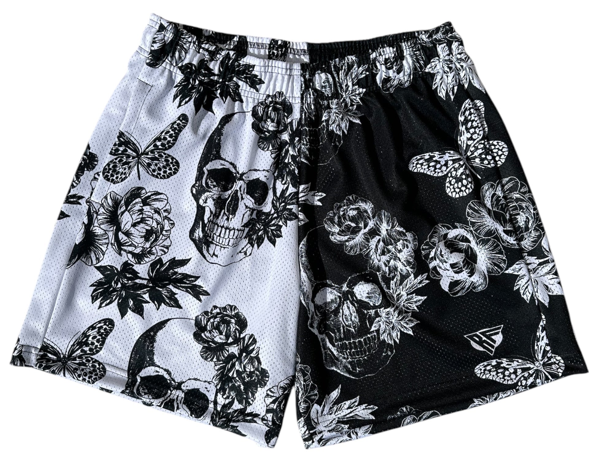 RF Men&#39;s Mesh Split Floral Skull Shorts - Black/White