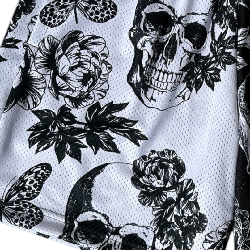 RF Men&#39;s Mesh Split Floral Skull Shorts - Black/White