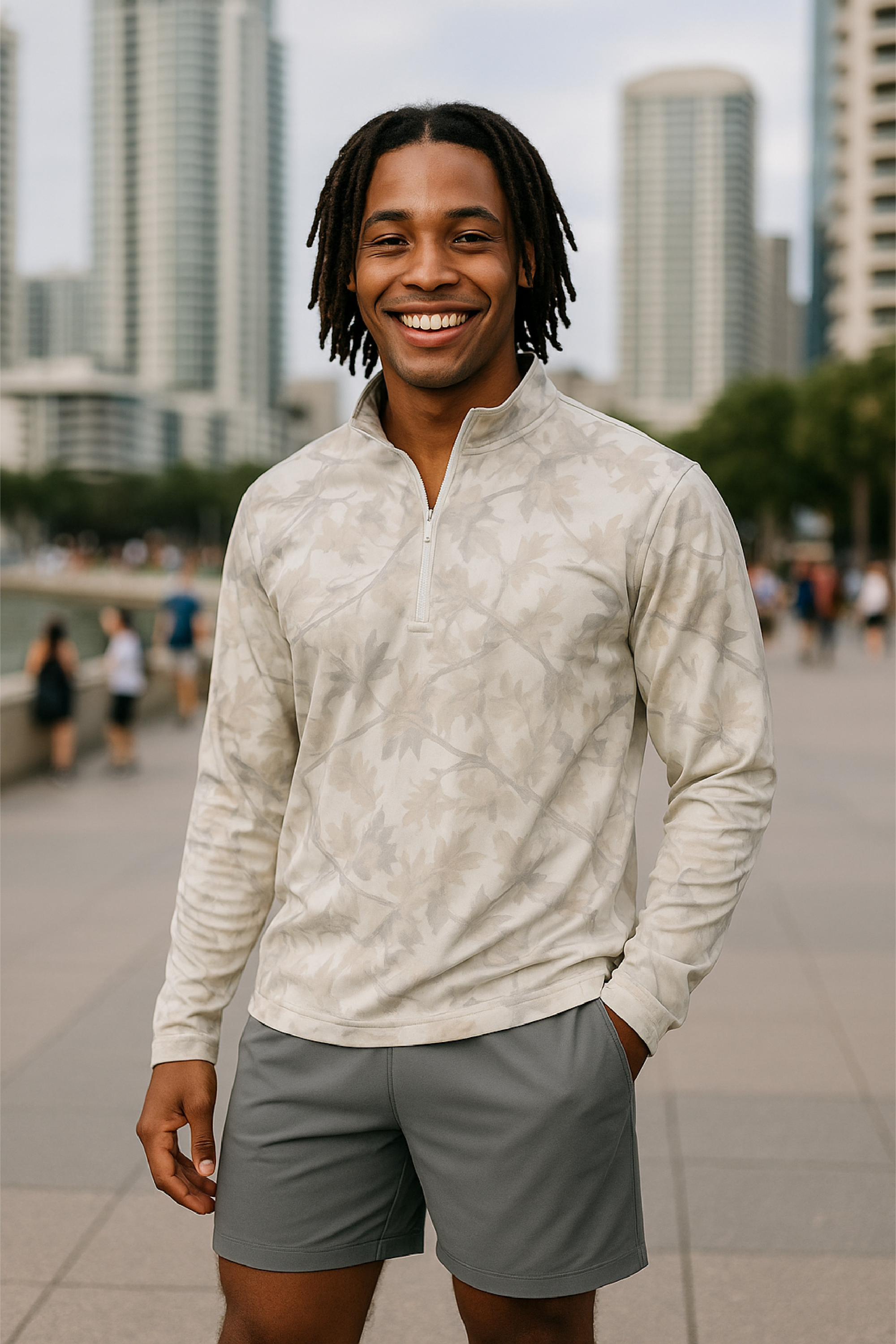 RF Wear Men&#39;s Quarter Zip Tree Camo Top - Cream/Grey - Model Front View