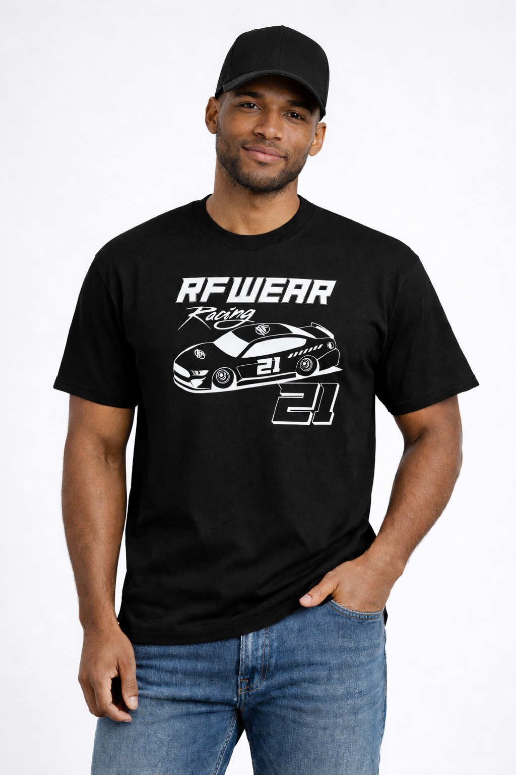 Man Wearing jeans and RF-Wear Racing Graphic on Front T-Shirt in Black