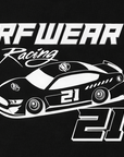 Close-up of RF-Wear Racing Graphic on Front T-Shirt in Black