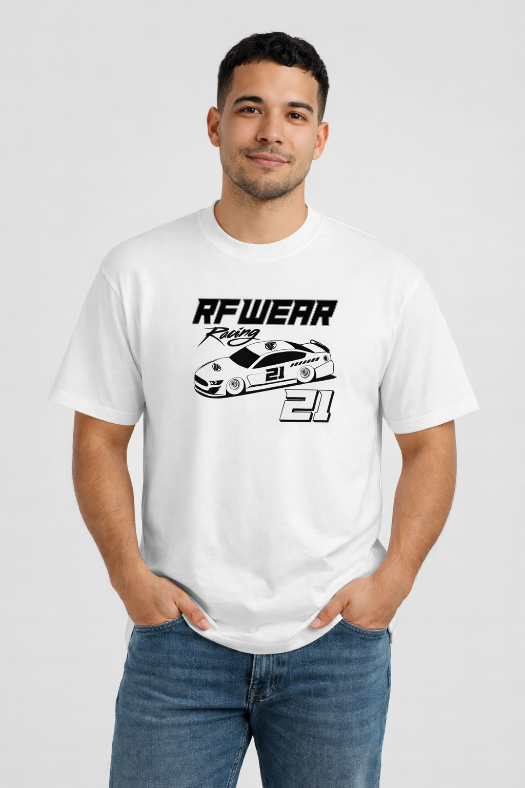 Man wearing jeans and RF-Wear Racing Graphic on Front T-Shirt in White