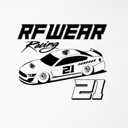 Close-up of RF-Wear Racing Graphic on Front T-Shirt in White