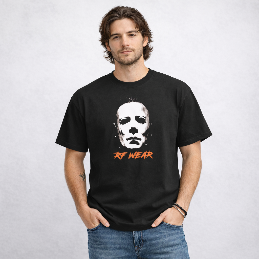 Man wearing jeans and RF-Wear Boogeyman T-Shirt in Black