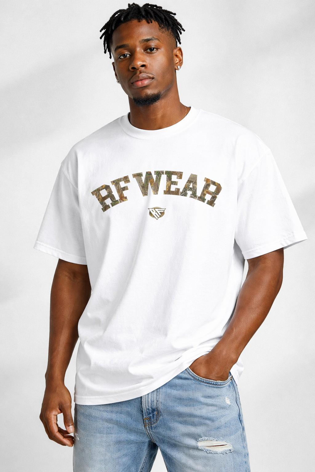 Man wearing jeans and RF-Wear Camo T-Shirt in White