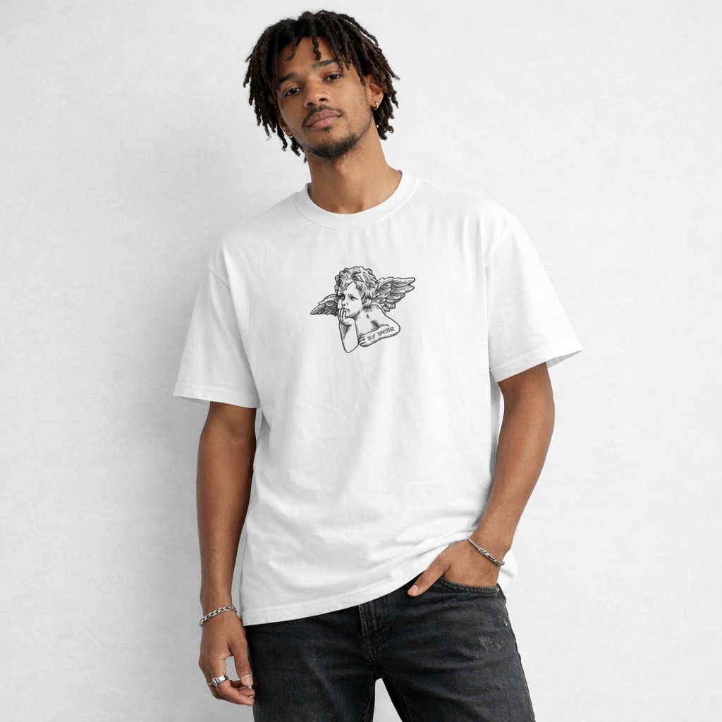 Man wearing jeans and RF-Wear Cherub T-Shirt in White