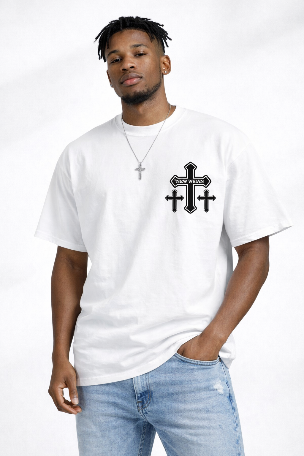 Man Wearing jeans and RF-Wear Cross T-Shirt in White