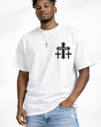 Man Wearing jeans and RF-Wear Cross T-Shirt in White