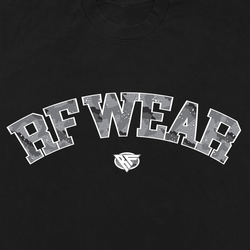 Close-up of RF-Wear Desert Camo T-Shirt in Black