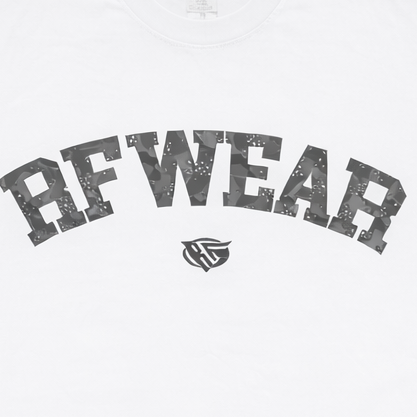 Close-up of RF-Wear Desert Camo T-Shirt in White