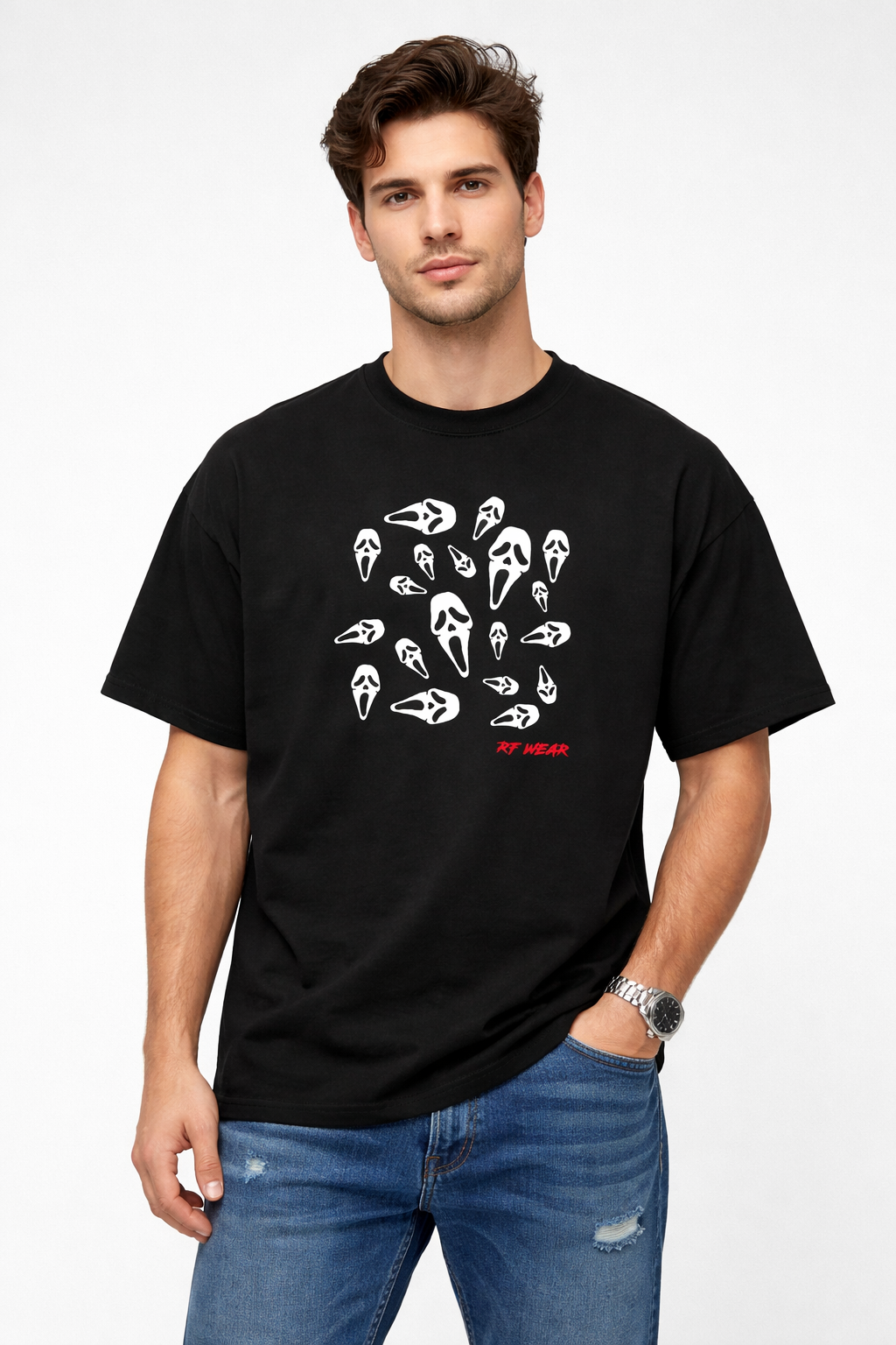 Man wearing jeans and RF-Wear Ghost Faces T-Shirt in Black