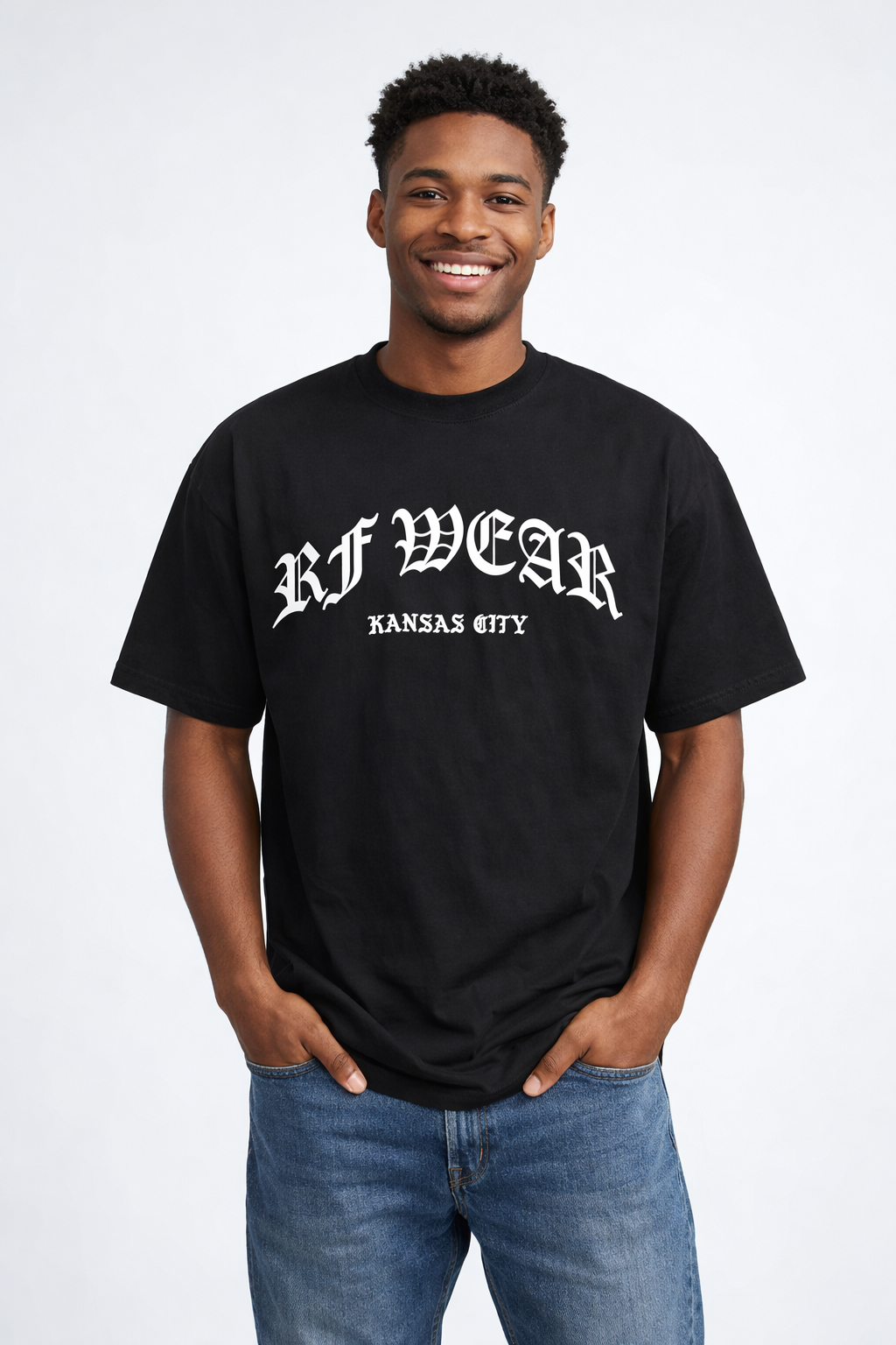 Man wearing blue jeans and RF-Wear Gothic T-Shirt in Black