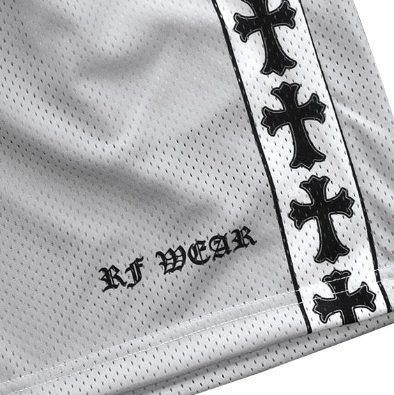 Close-up of RF-Wear men's mesh cross trim shorts in grey with black crosses trim.