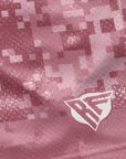 Close-up of RF-Wear Men's Split Geometric Shorts in Mauve with RF logo