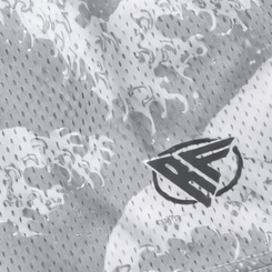 Close-up of RF-Wear Ocean Waves Shorts in Grey/White with RF logo